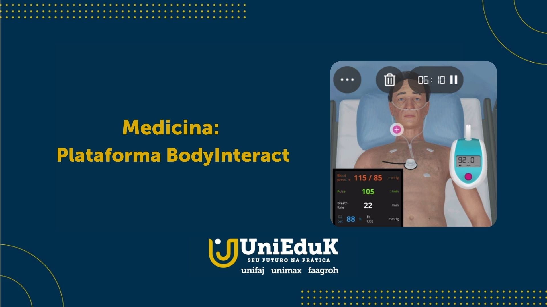 A imagem traz uma arte nos moldes do Grupo UniEduK com e um print da plataforma de urgências e emergências médicas.