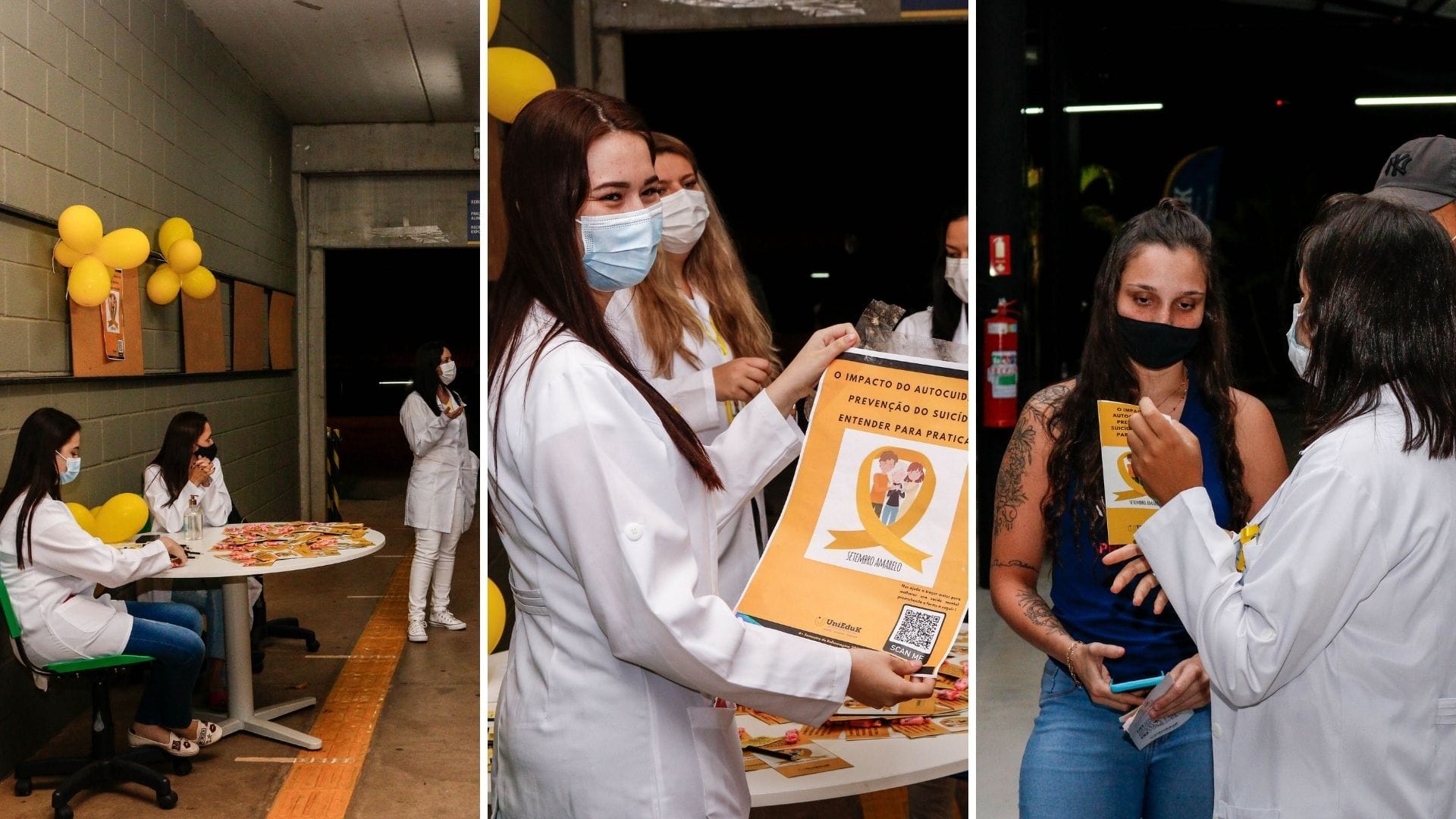 A imagem traz os alunos de Enfermagem atuando na campanha do Setembro Amarelo, conversando com pessoas e entregando folders.