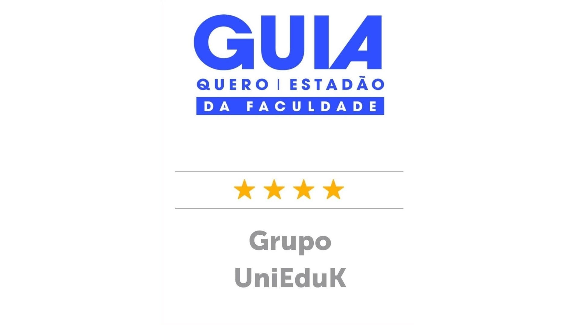 A imagem traz o certificado do Guia da Faculdade Quero/Estadão para o Grupo UniEduK.