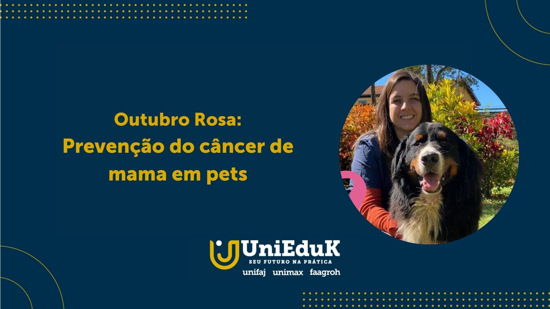 A imagem traz a professora Aline Ambrogi com um cão, além de nome, data, horário e local da palestra