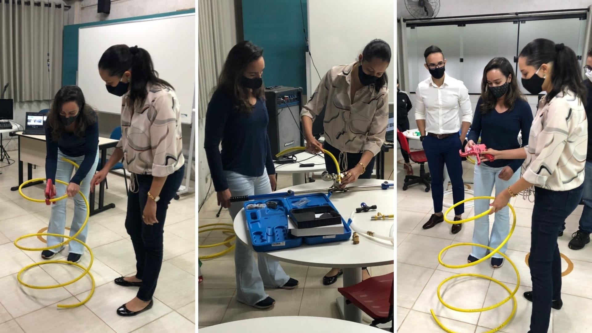 A imagem traz fotos da aula sobre Tubulação Multicamada com a palestrante Cynthia Santana, os alunos manuseiam os tubos.