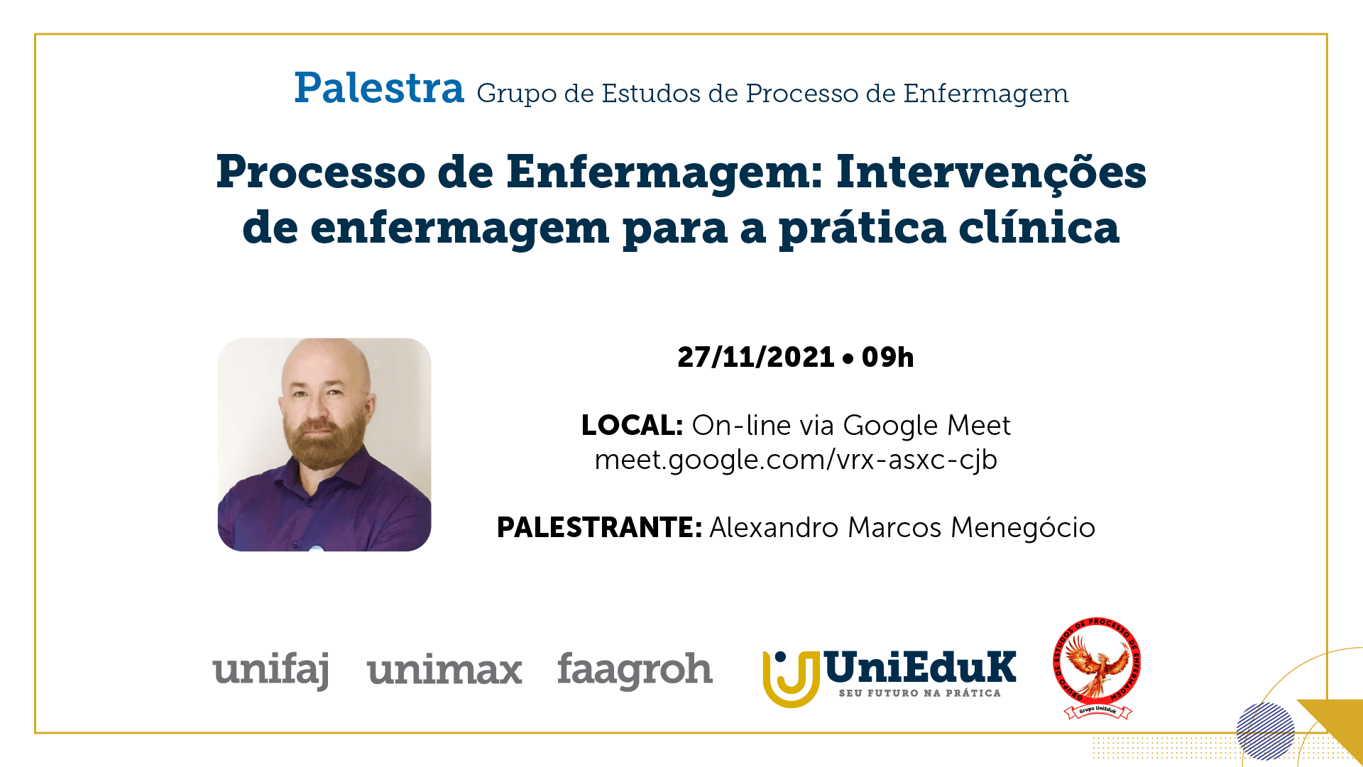 A arte mostra o docente que irá realizar a palestra e traz dados básicos sobre o evento.