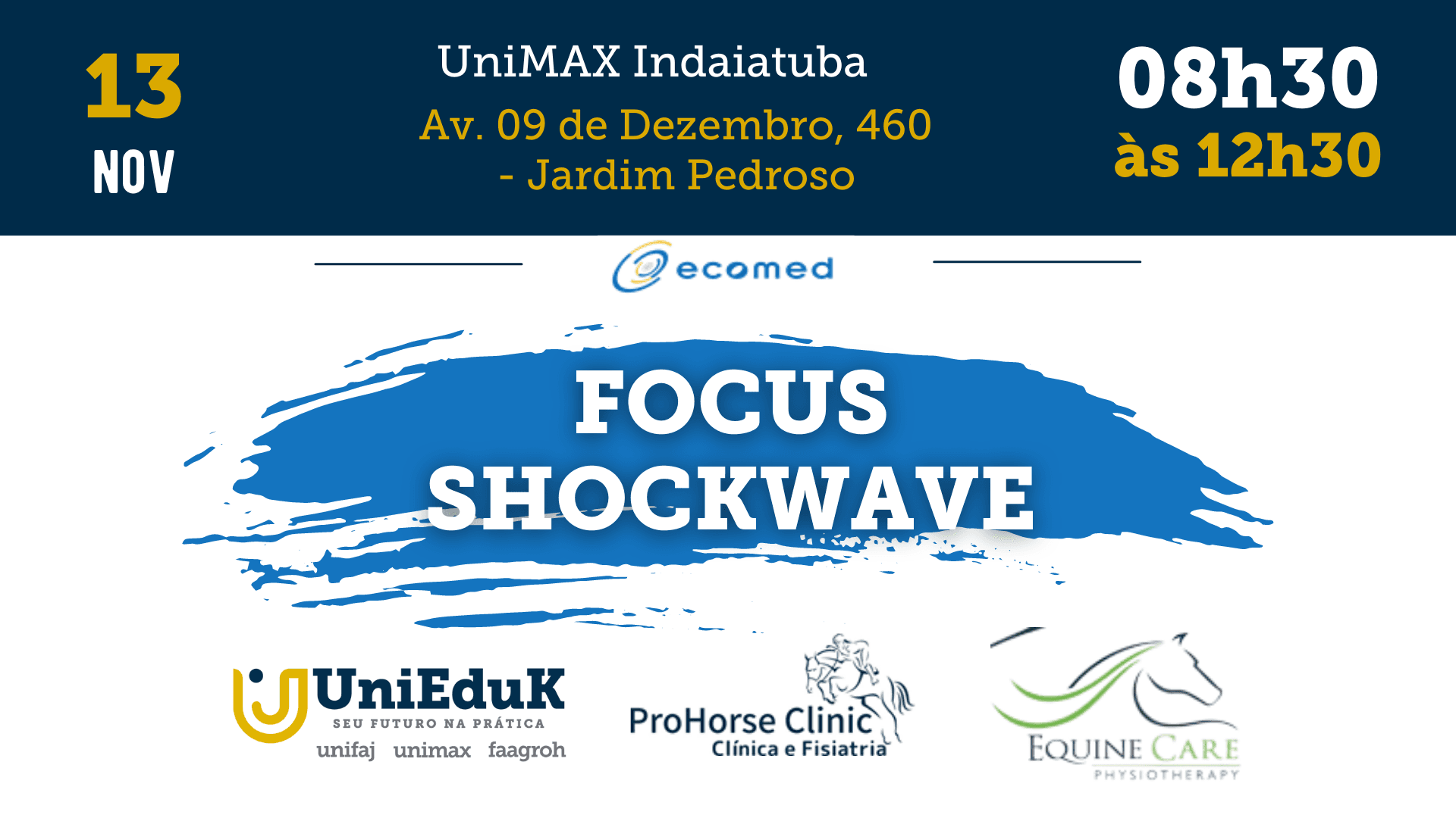 A arte traz as informações principais do evento “Focus Shockwave”, como data e horário.