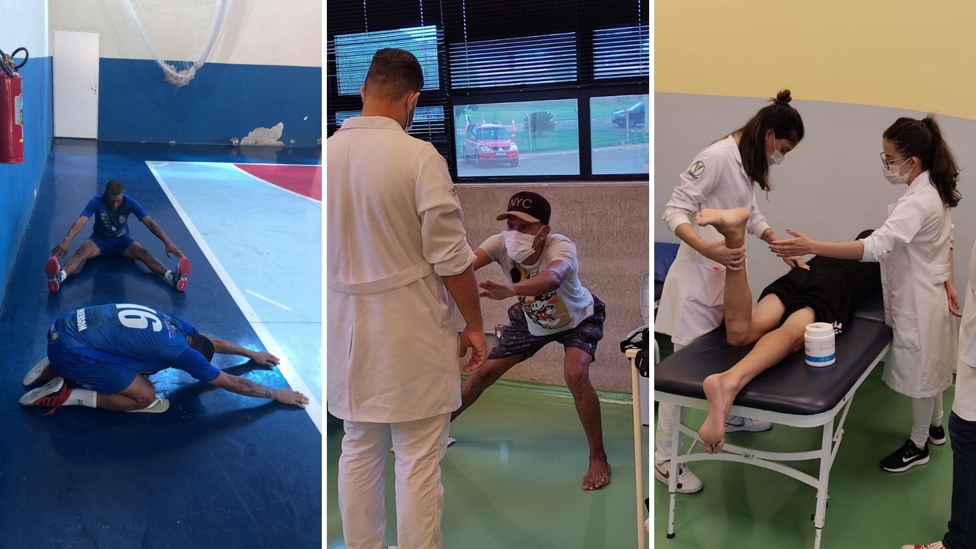 A imagem mostra os alunos do Grupo UniEduK realizando exercícios de Fisioterapia com os atletas de futsal de Indaiatuba.