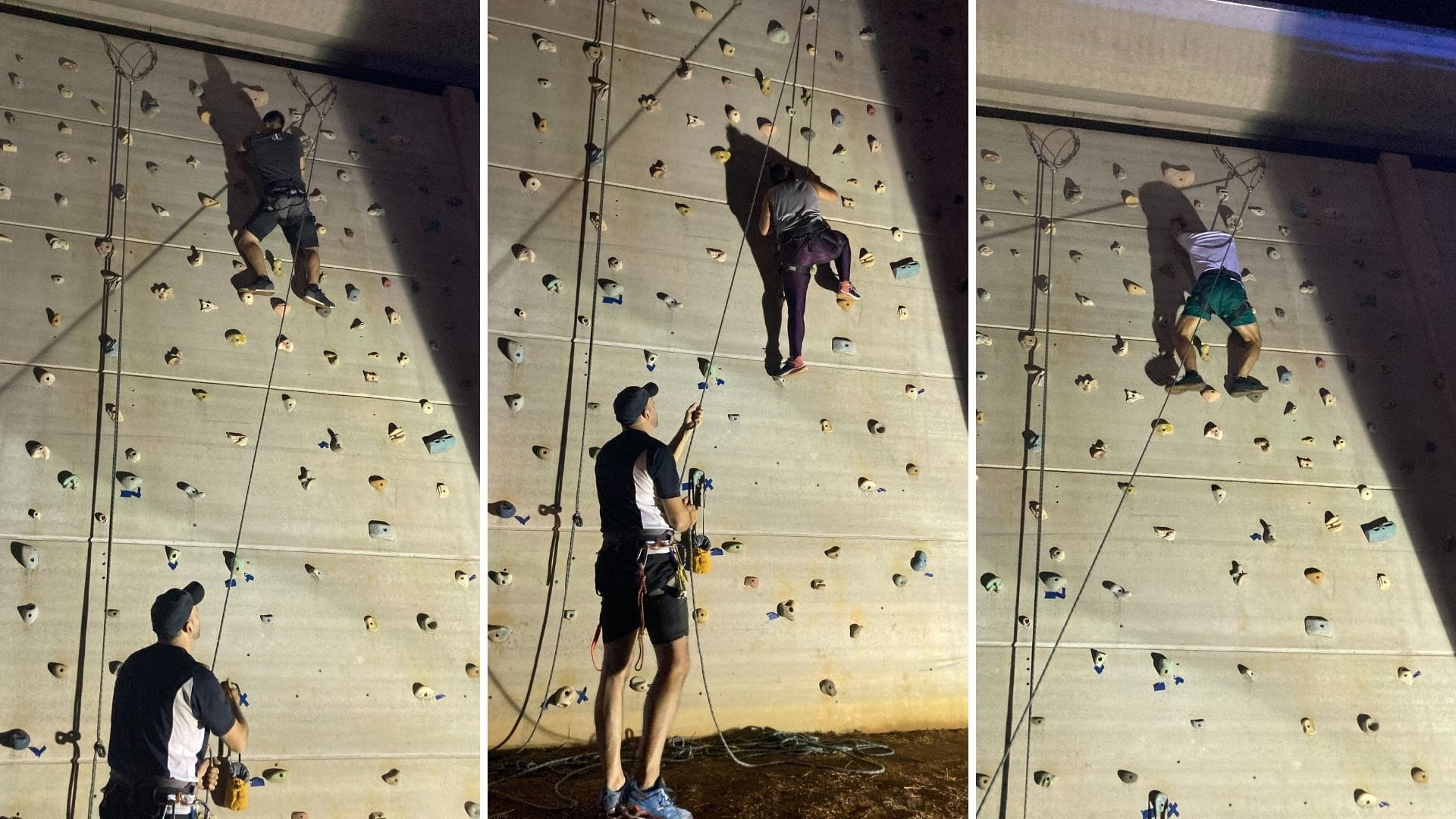 A imagem mostra os alunos, em frente à parede de escalada da UniFAJ utilizada para a aula de escalada.