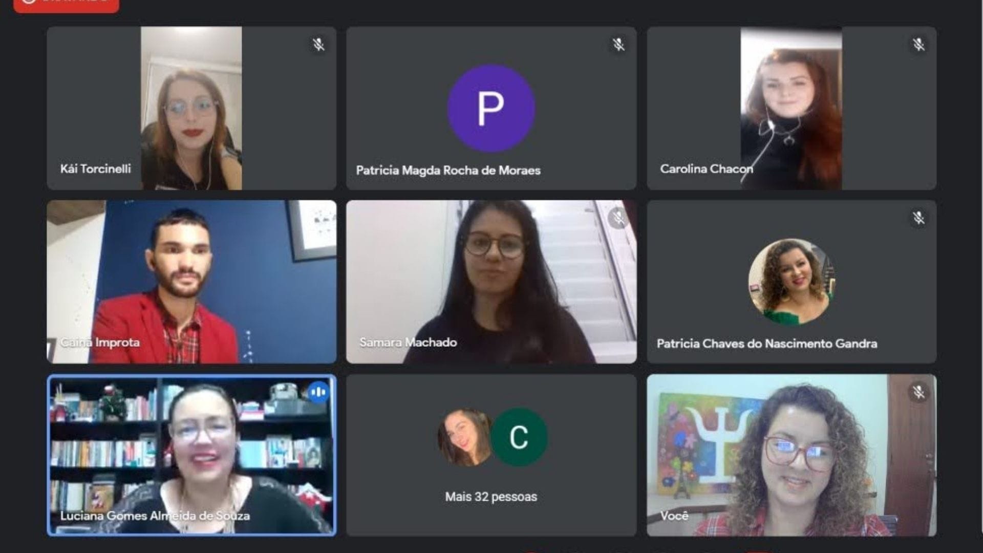 A imagem mostra um print da sala virtual da Roda de conversas LGBTQIA+ com os alunos de Psicologia.
