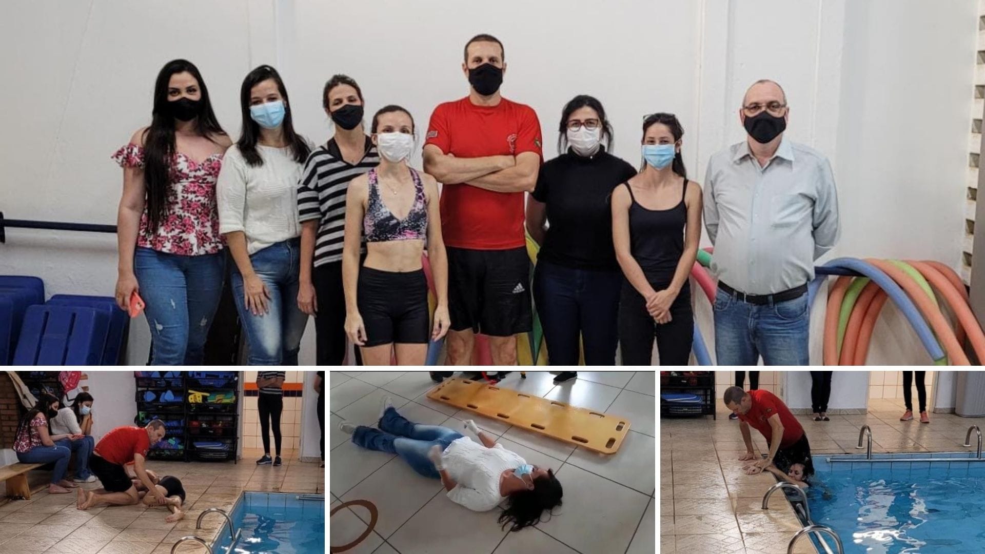 A imagem traz fotos das alunas da pós-graduação que participaram da aula prática e mostra as atividades na piscina e fora dela.