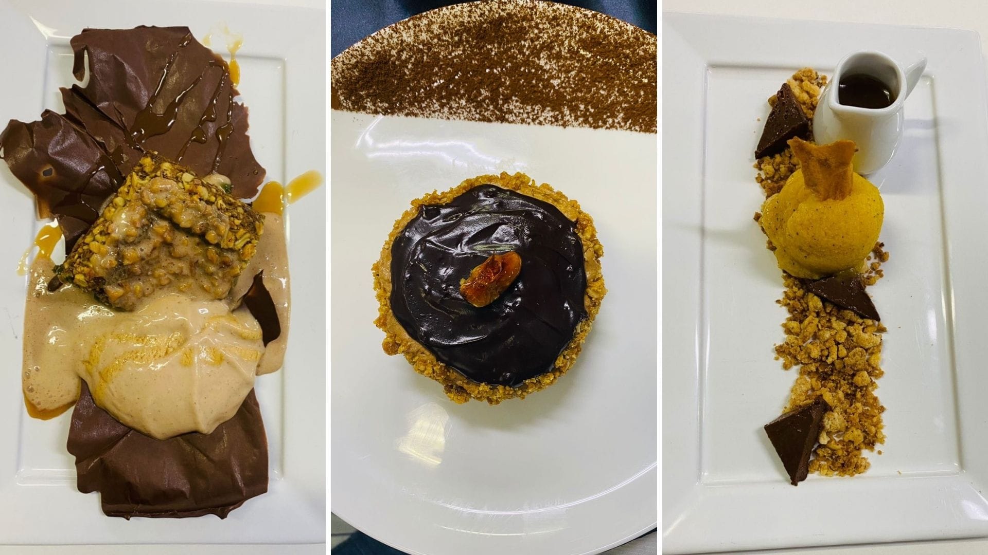 A imagem traz fotos de três sobremesas apresentadas pelos alunos de Gastronomia durante o Evento Gastronômico Pedagógico.