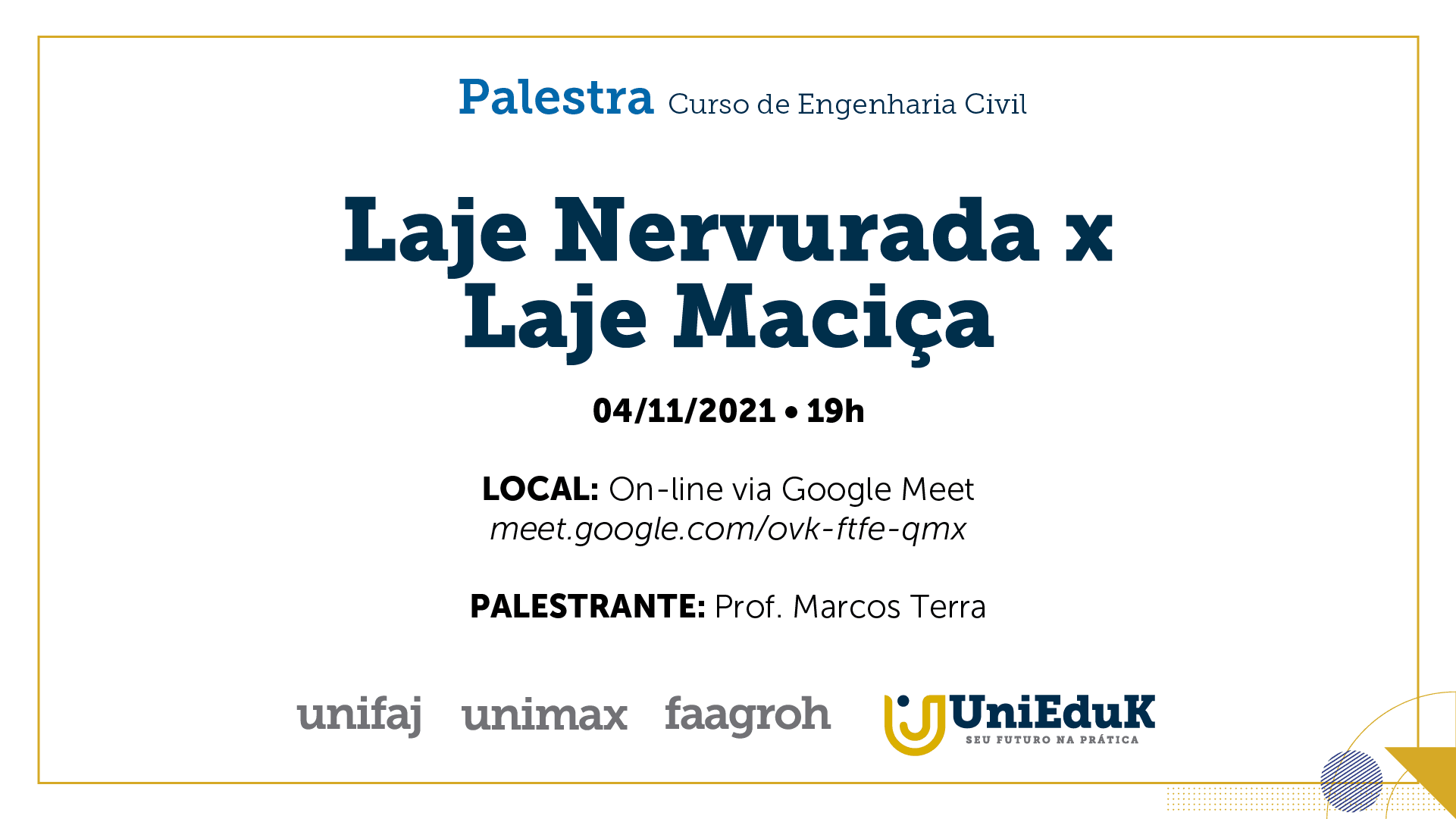 A arte traz as informações básicas do evento sobre Laje Nervurada x Laje Maciça, com data, horário, link e palestrante.