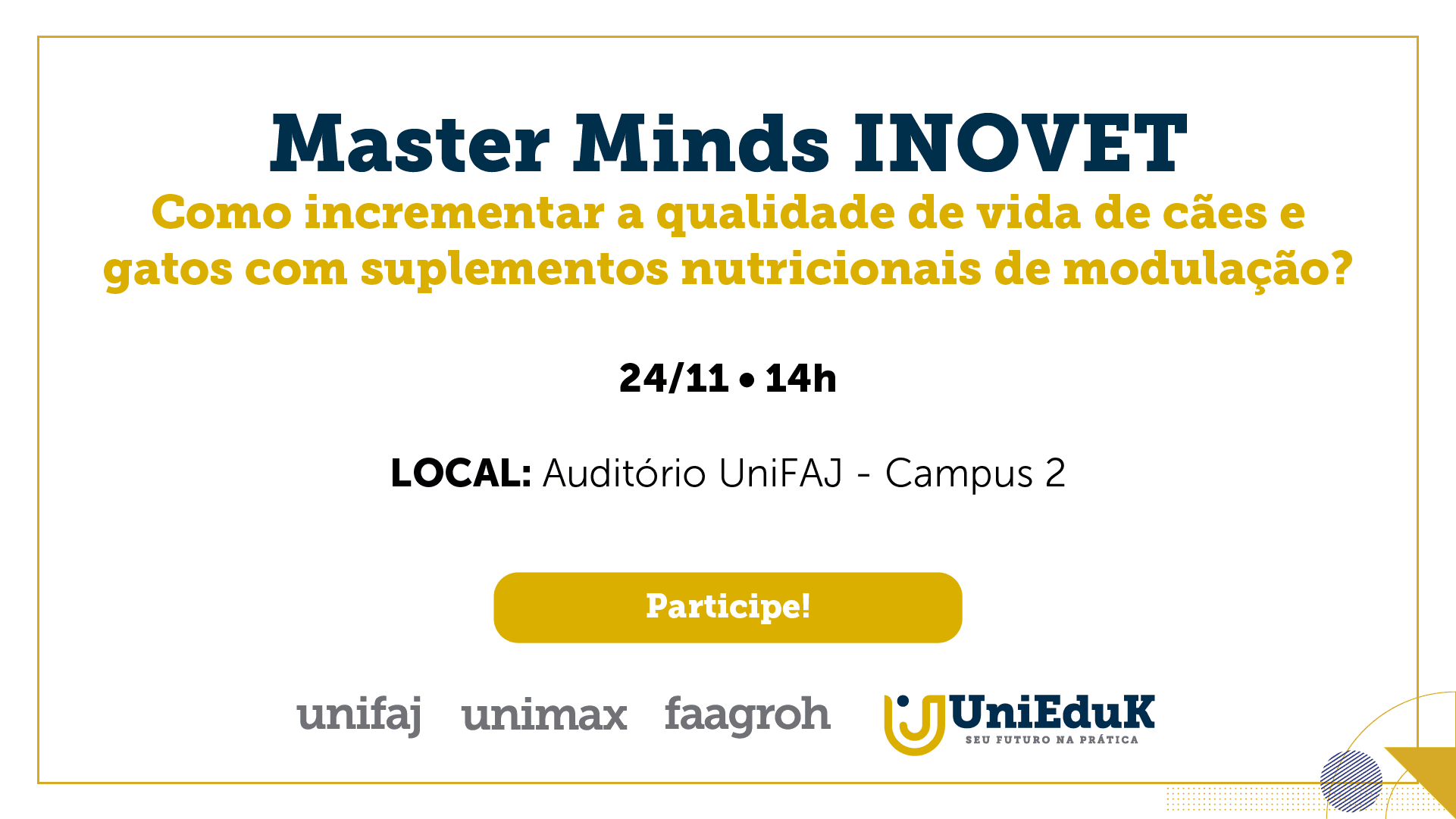 A imagem traz o nome, tema, data, horário e local do evento sobre suplementos nutricionais de modulação.