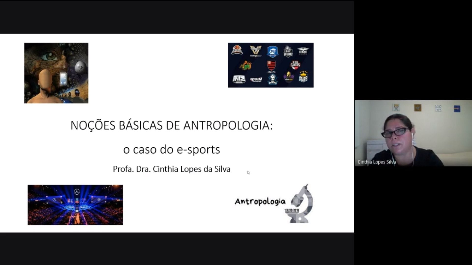 A imagem é um print de tela da sala virtual durante a palestra sobre “Antropologia, Educação Física e Tecnologia”.