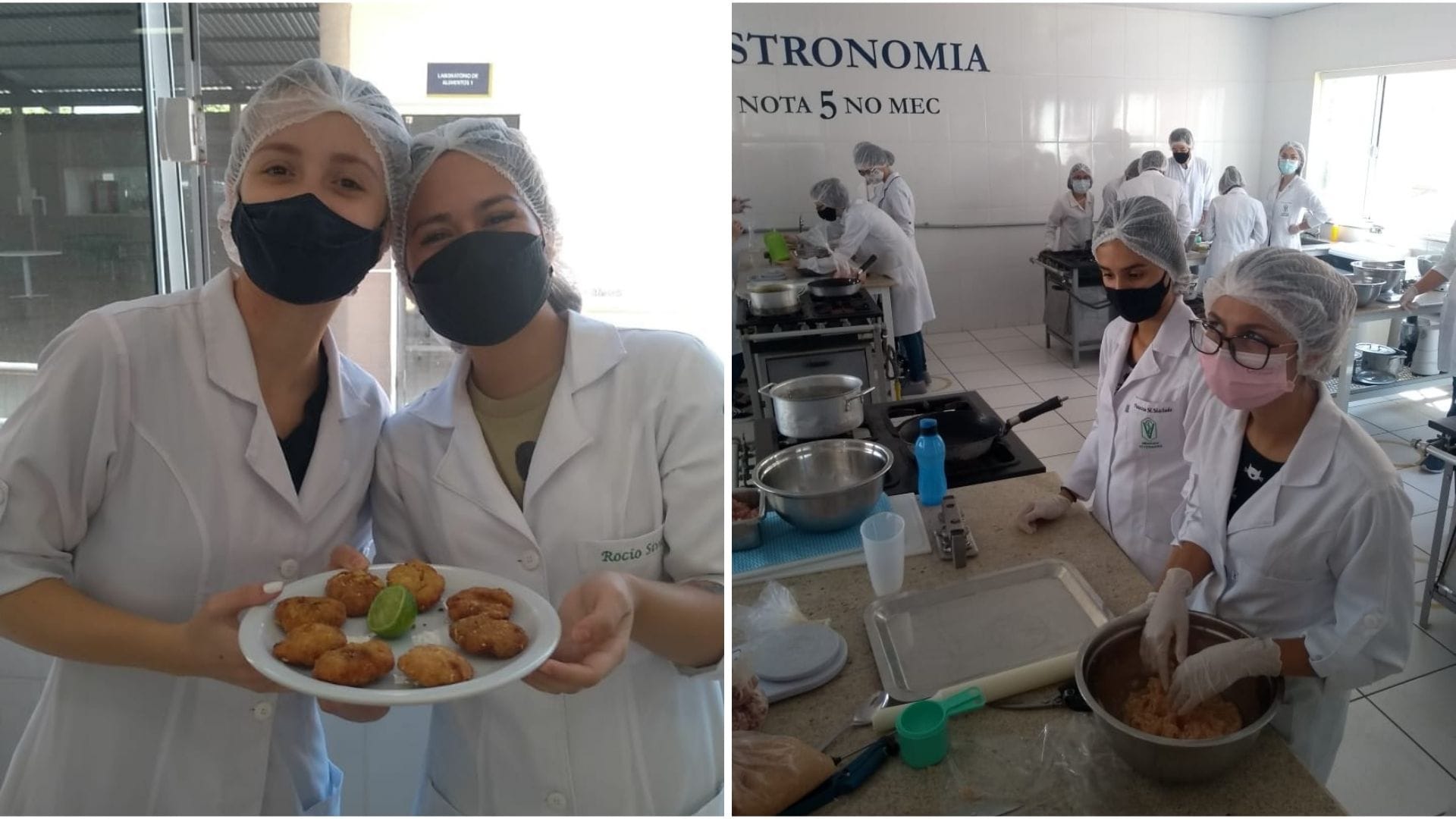 A imagem mostra alunas de Medicina Veterinária durante a aula prática de processamento tecnológico de empanado e presunto.