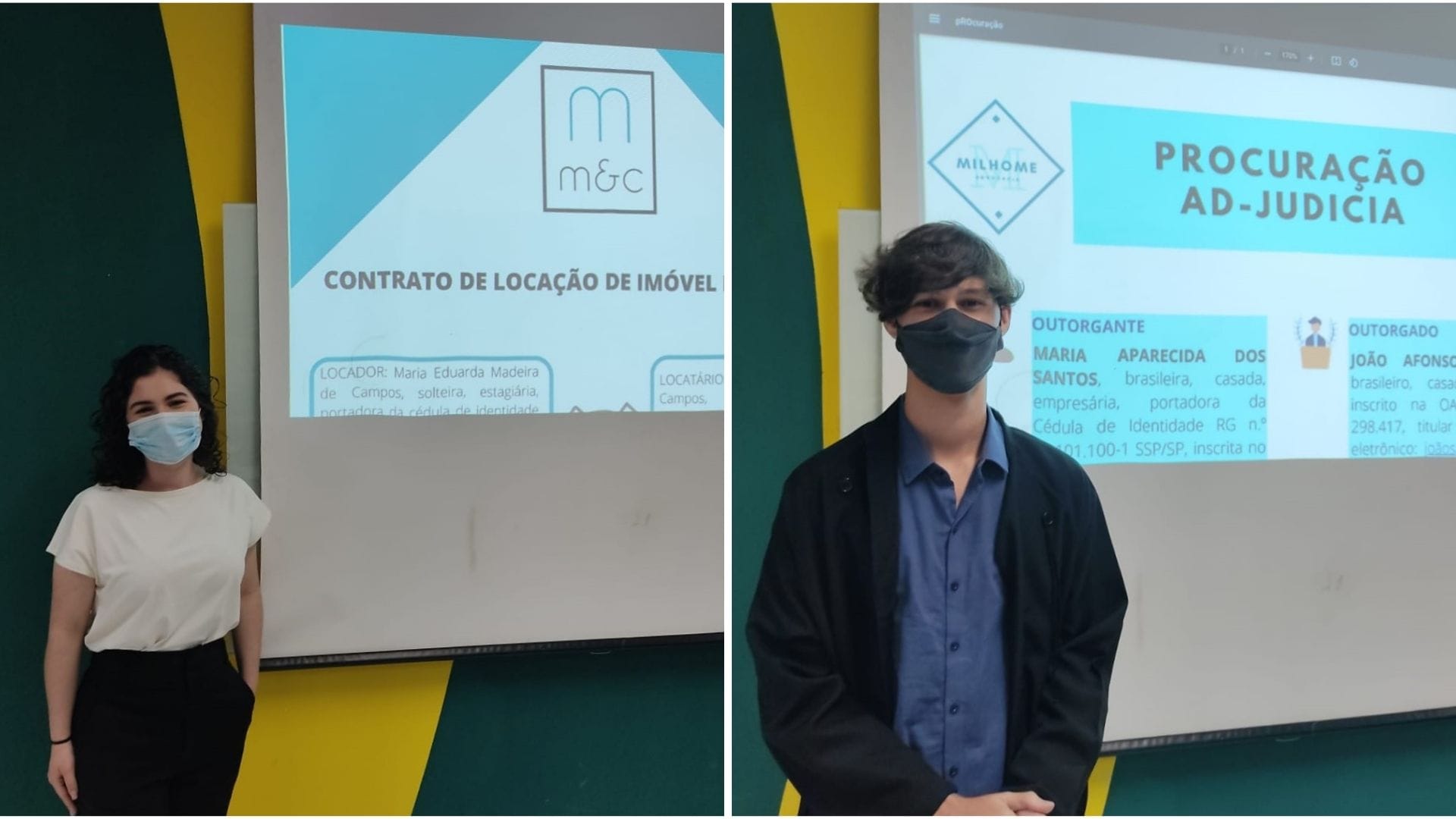 A imagem mostra dois alunos apresentando o trabalho sobre transformação jurídica digital e Visual Law.