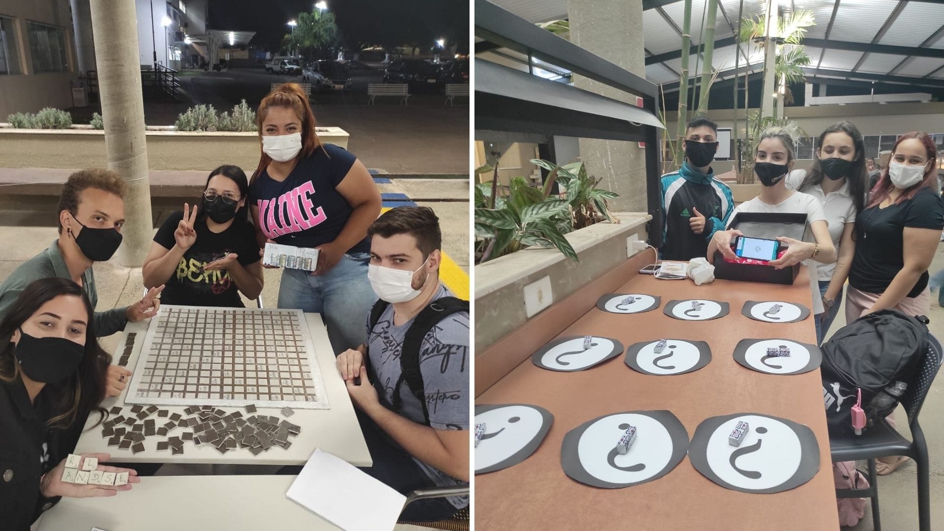 A imagem mostra os alunos de Enfermagem com os jogos pedagógicos na UniMAX.