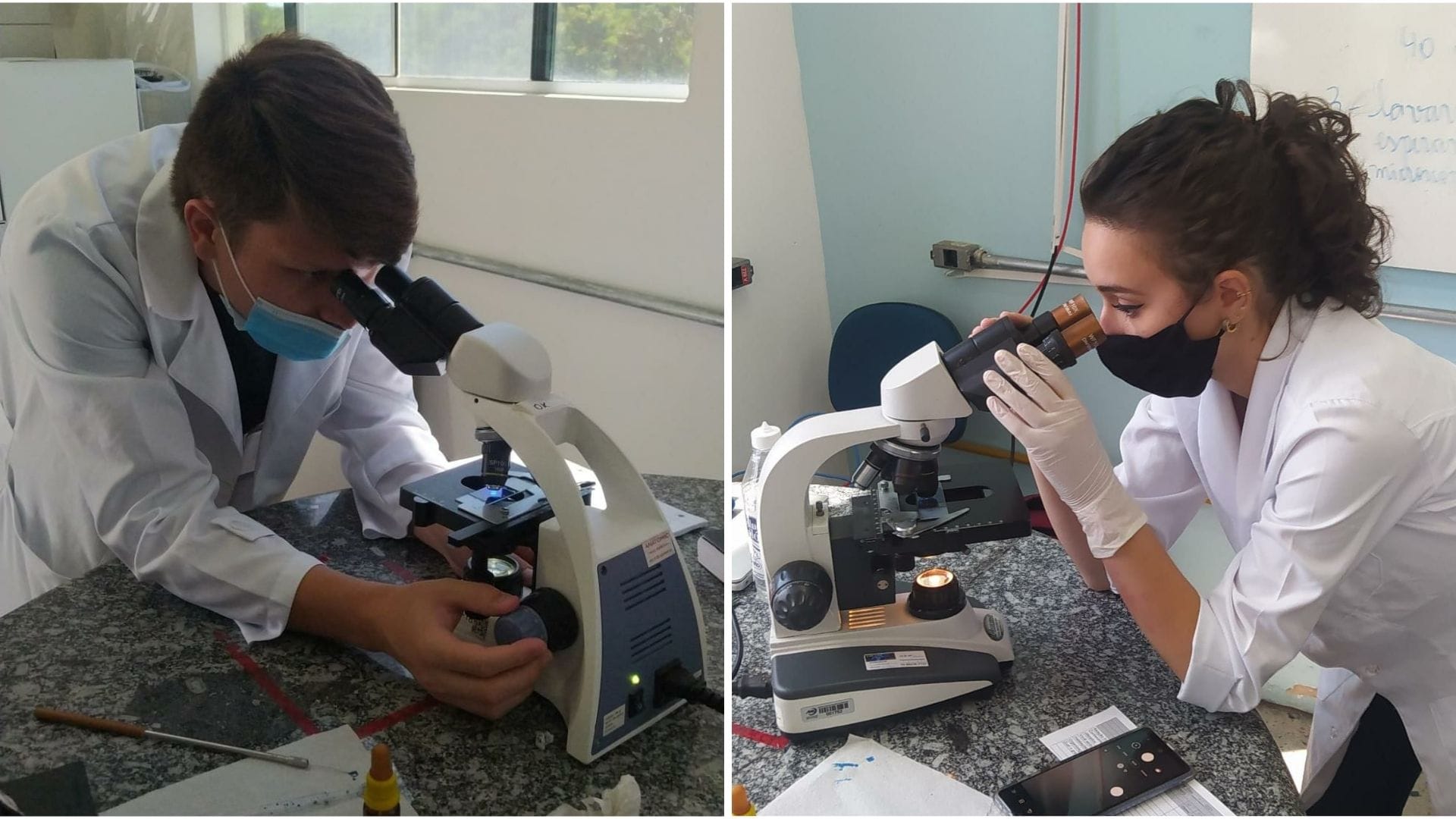 A imagem mostra os alunos de Medicina Veterinária do Grupo UniEduK avaliando diferentes tipos de colônias de fungos no microscópio.