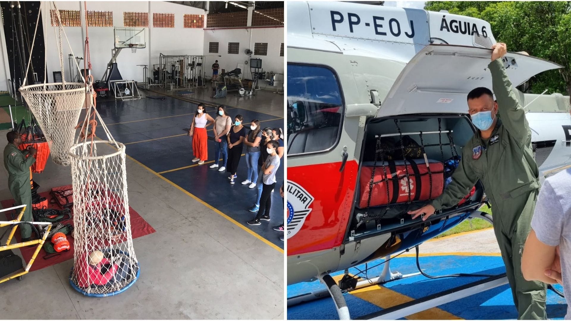 A imagem mostra os alunos do Grupo UniEduK durante visita à Base de Aviação da Polícia Militar.