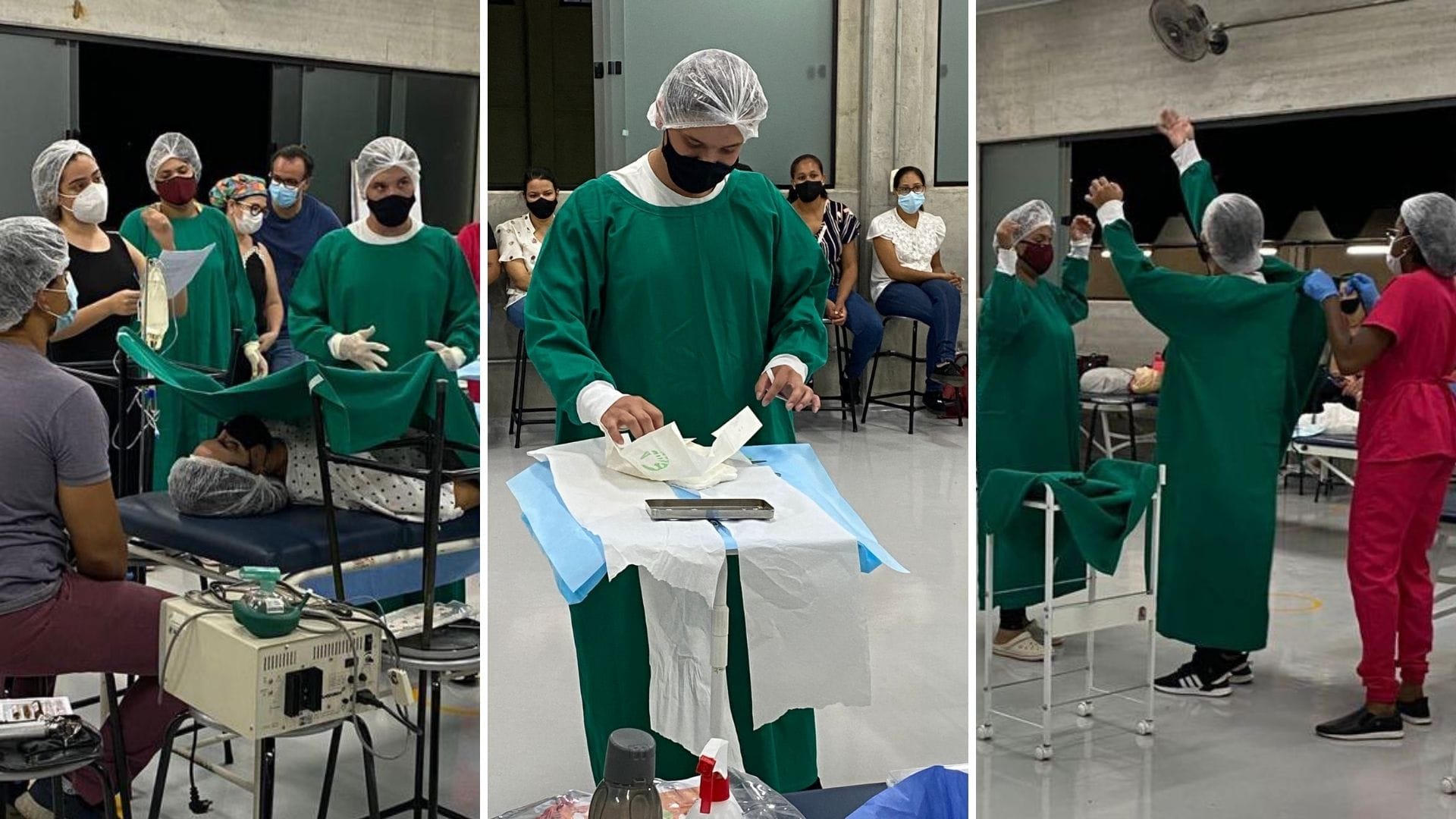 A imagem mostra os alunos do curso de Enfermagem vestidos a caráter durante a simulação de Time Out.