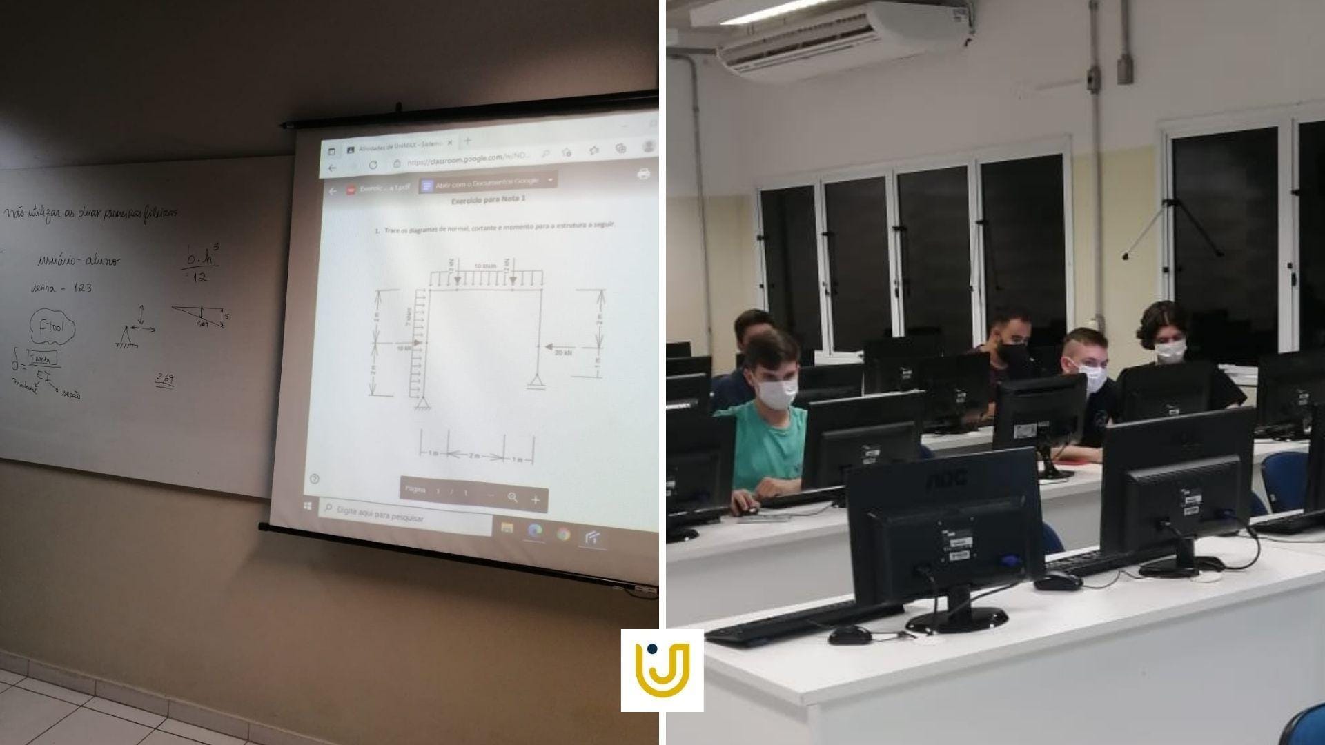 A imagem mostra momentos da aula de deslocamentos e deformações em estruturas.