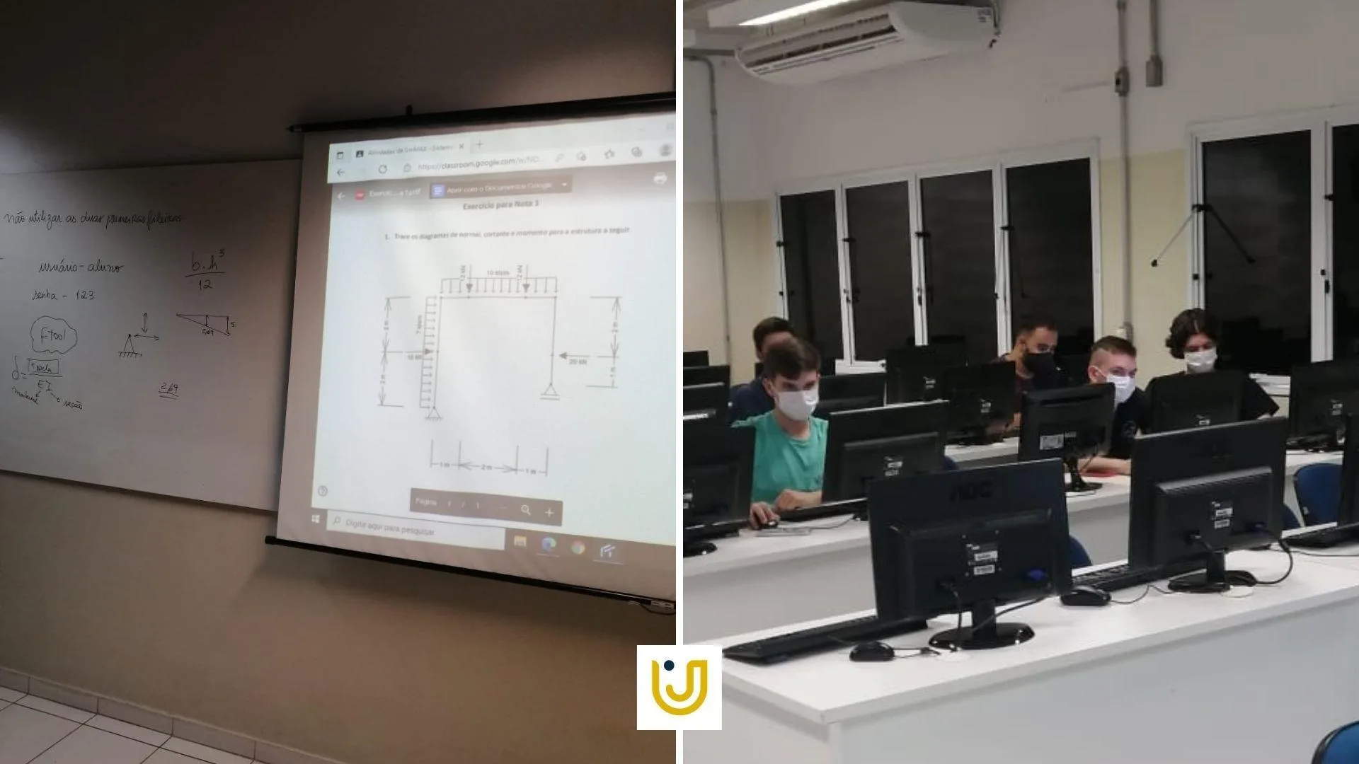A imagem mostra momentos da aula de deslocamentos e deformações em estruturas.