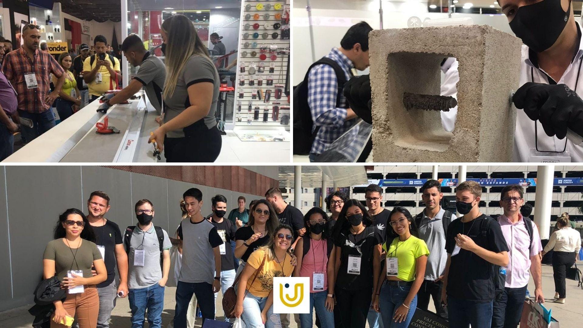 A imagem mostra momentos da visita dos alunos de Arquitetura e Urbanismo à Feira da Construção – FEICON.