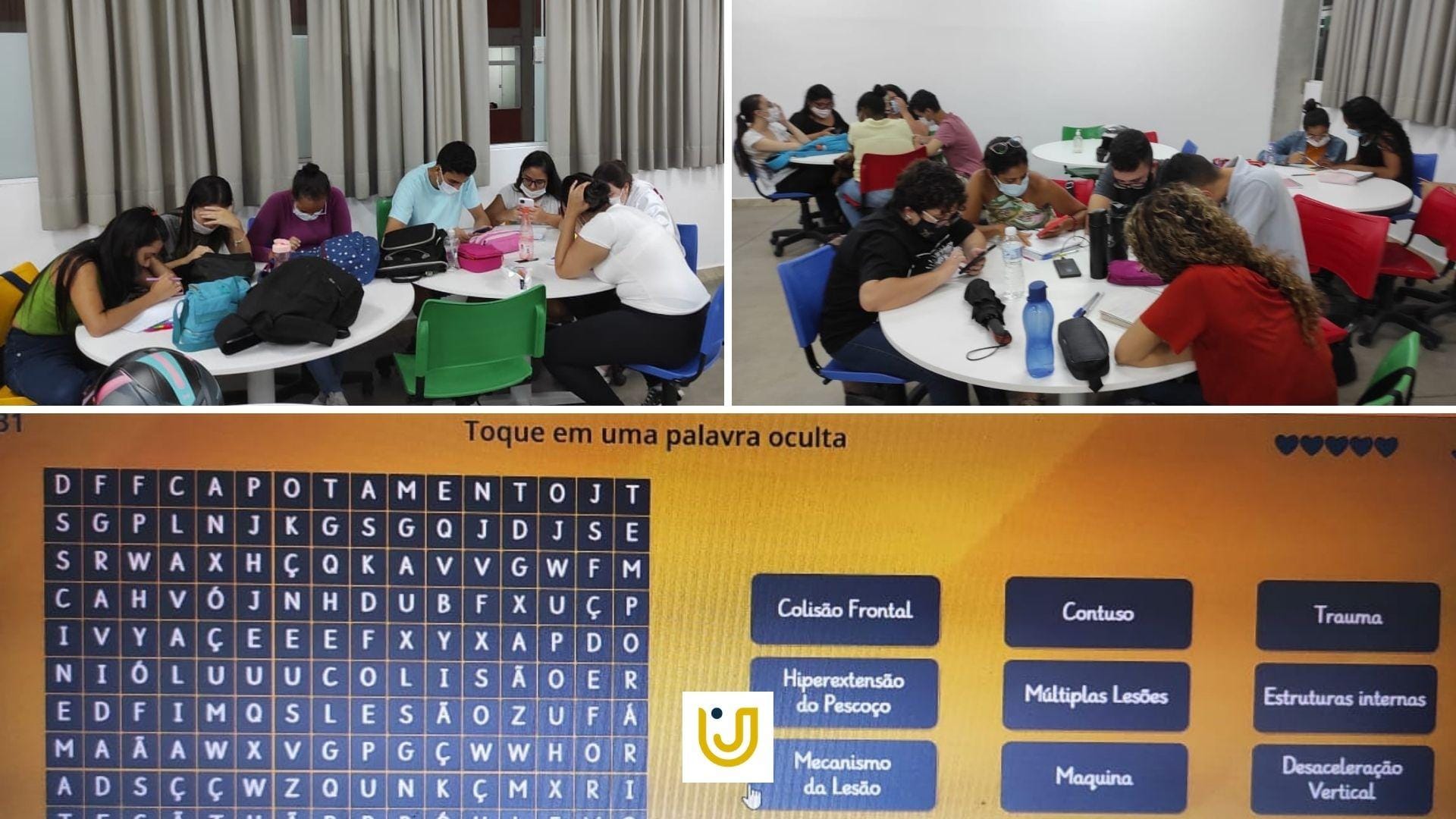 A imagem mostra os alunos durante a aula de cinemática do trauma.