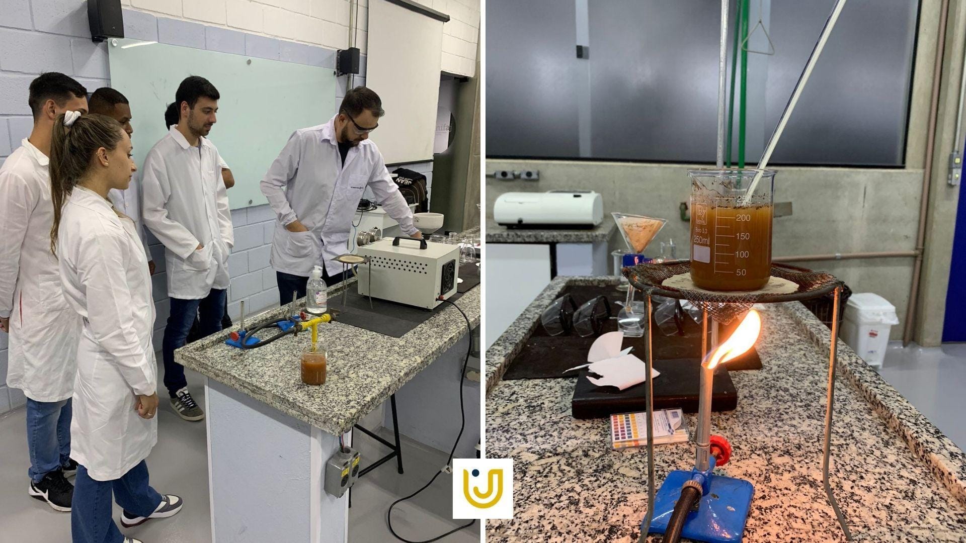 A imagem mostra os alunos durante a aula de tratamento de água e esgoto.