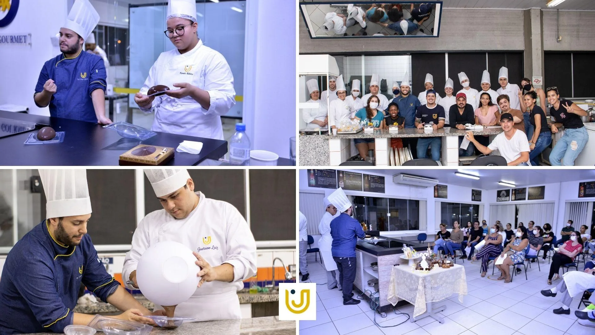 A imagem mostra momentos do workshop de Páscoa na UniFAJ e UniMAX.