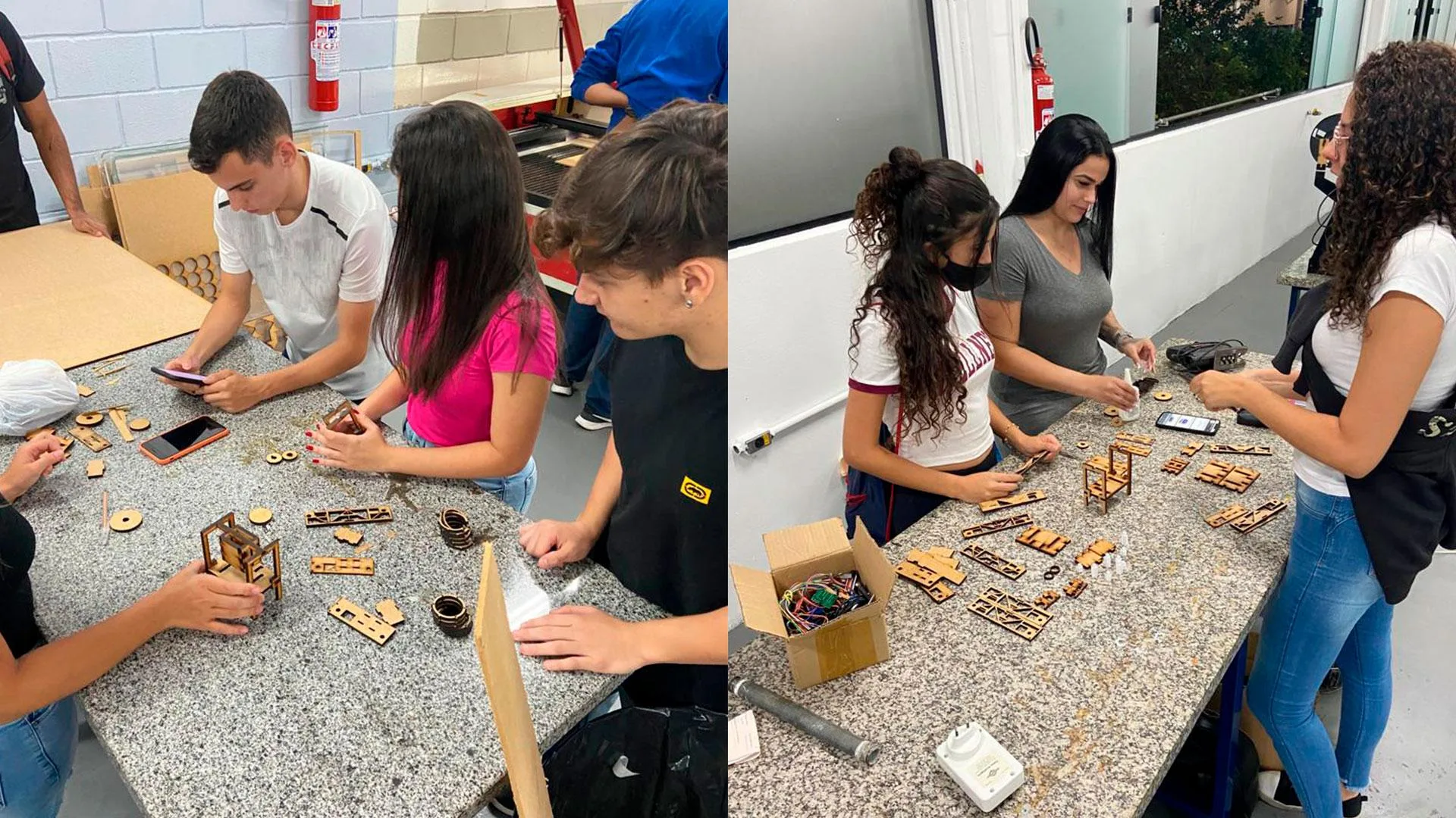 A imagem mostra os alunos durante o projeto fábrica de blocos.