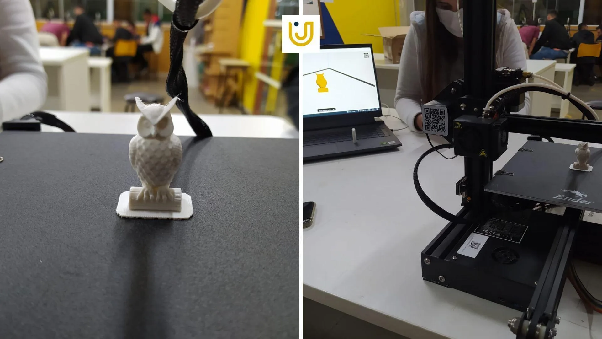 A imagem mostra os alunos do curso de Engenharia do Produção realizando testes de impressão na impressora 3D.