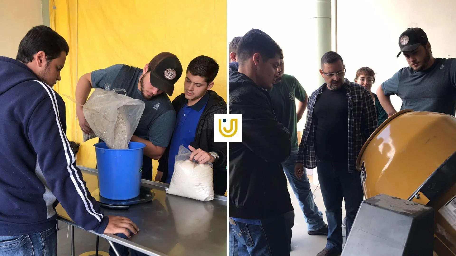 A imagem mostra os alunos do curso de Medicina Veterinária misturando o suplemento para ruminantes em uma betoneira.