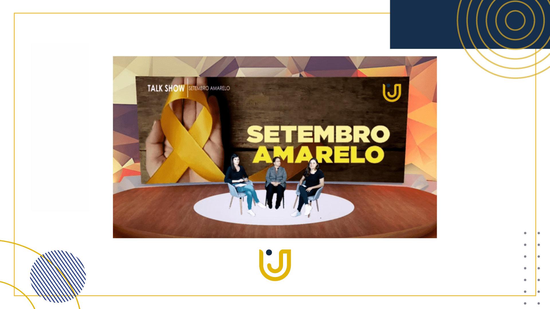 A imagem mostra as alunas do curso de Medicina do Grupo UniEduK durante a transmissão do talk show sobre o Setembro Amarelo.