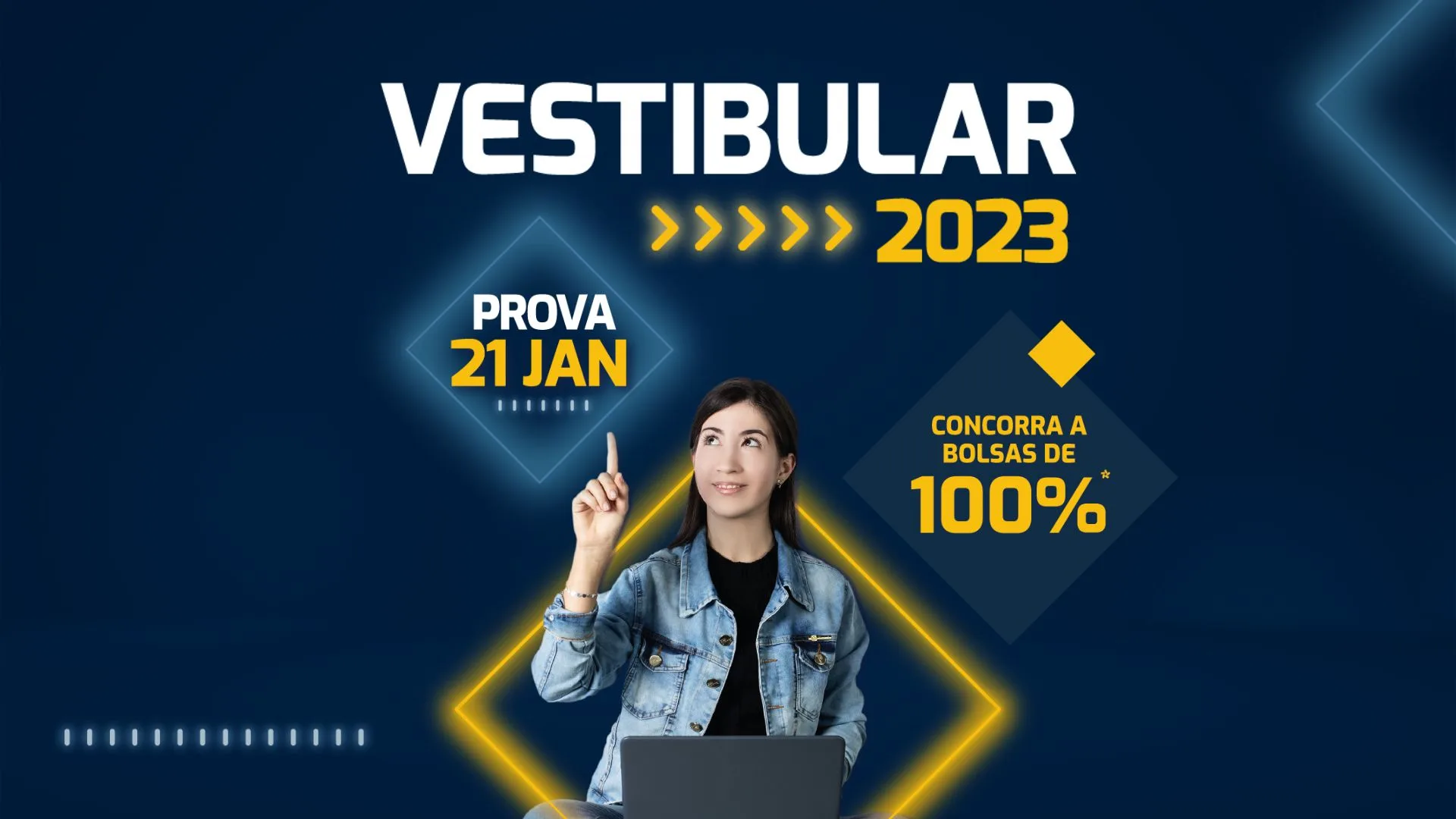 A imagem mostra a arte do Vestibular 2023 que você pode saber como conseguir bolsa de 100% para faculdade