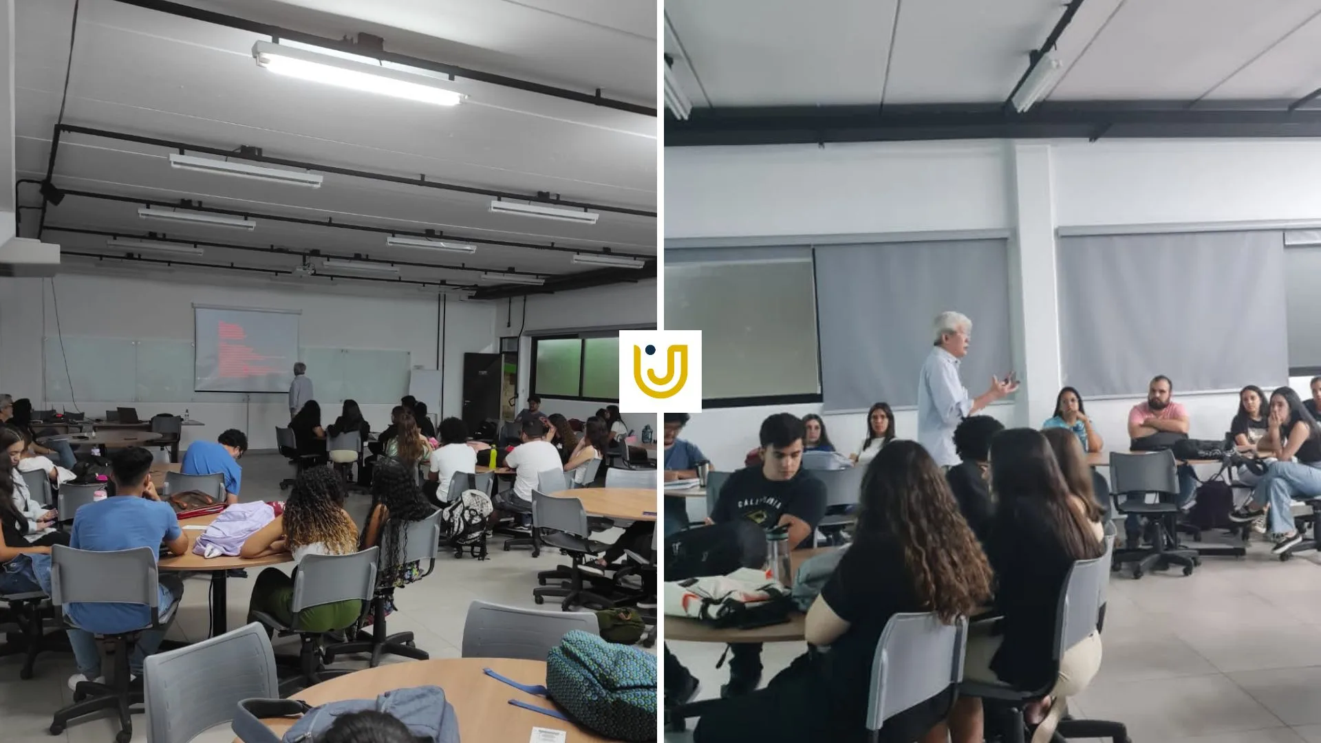 A imagem mostra momentos da aula magna que abordou metodologia de Projeto de Arquitetura