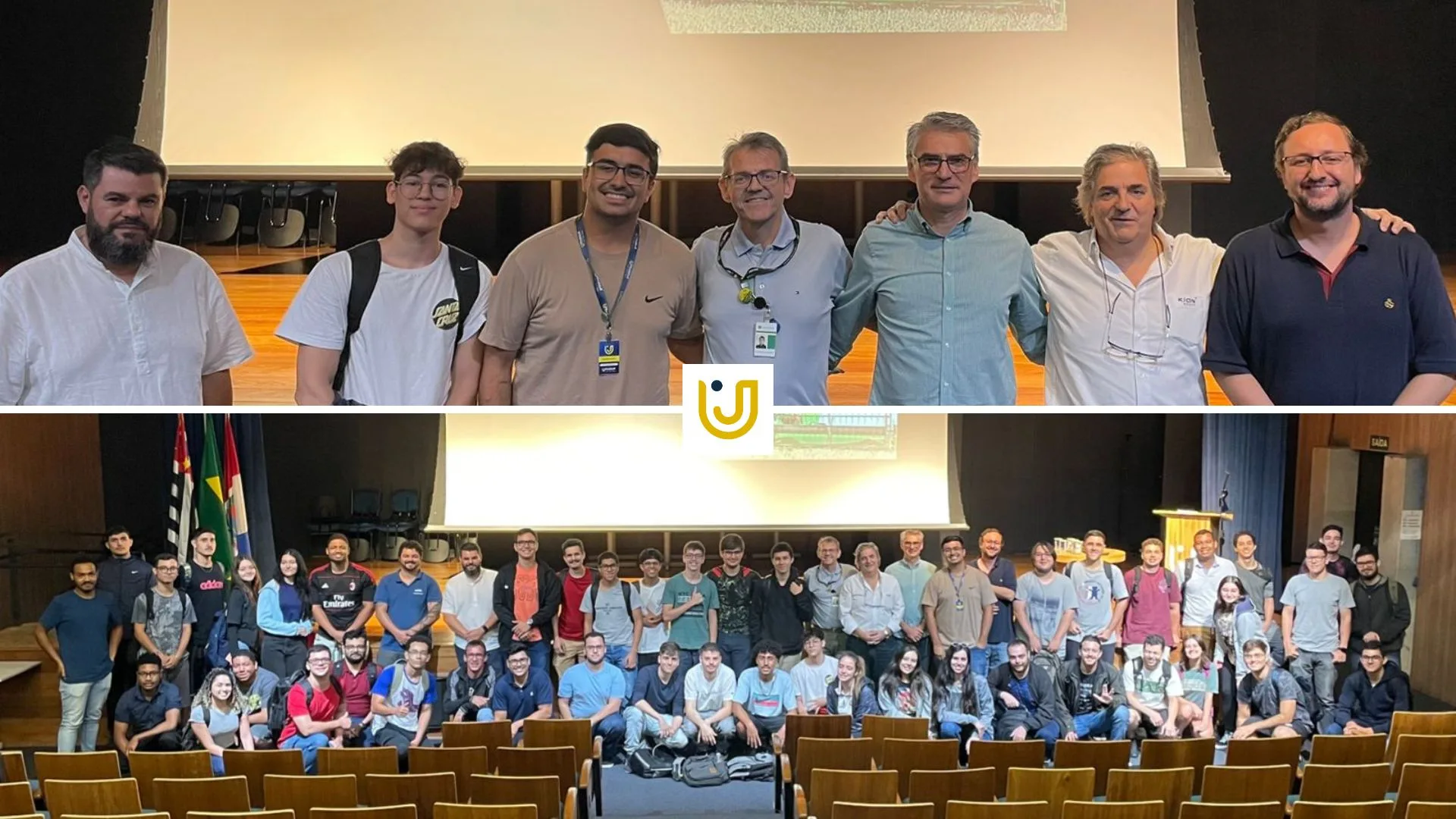 A imagem mostra momentos da Aula Magna com o profissional da John Deere
