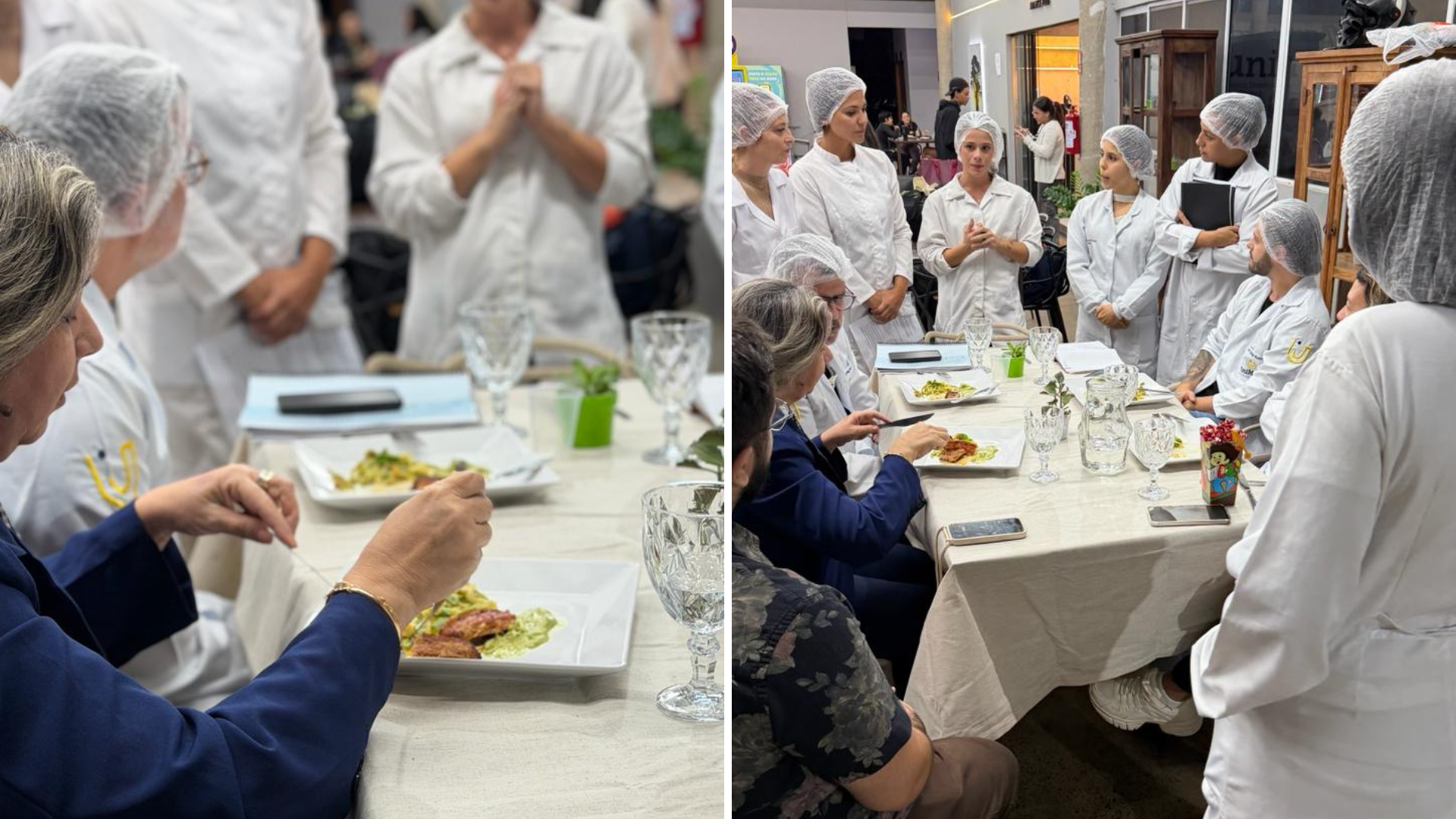 Estudantes de jaleco branco e toucas de proteção apresentam um prato preparado durante o projeto a uma banca avaliadora. Em primeiro plano, uma avaliadora experimenta a refeição enquanto os alunos explicam o trabalho ao redor da mesa. O ambiente simula uma avaliação profissional, unindo apresentação técnica, degustação e discussão sobre qualidade e gestão em serviços de alimentação.
