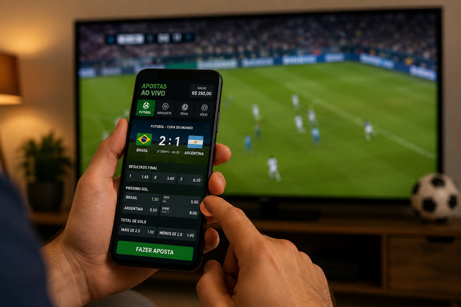 Uma mão masculina segura um celular com um aplicativo de apostas esportivas aberto, exibindo opções de aposta durante uma partida de futebol. Ao fundo, uma televisão mostra o jogo desfocado em uma sala de estar. A composição destaca o uso simultâneo do celular e da transmissão esportiva, ilustrando a prática de apostas online durante uma partida.